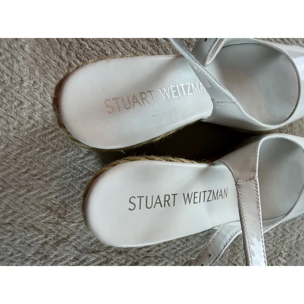 Stuart Weitzman White Patent Leather Espadrille Wedge Slingback Peep Toe 9.5 - Picture 7 of 12